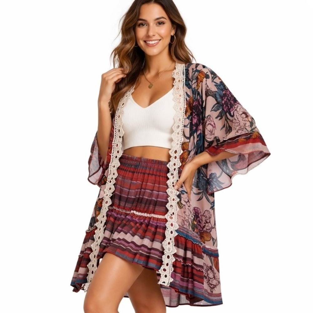 Signature Studio Plus Size 1X Floral Stripe Kimono Crochet Trim Cardigan